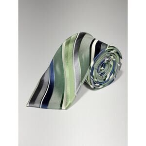 Calvin Klein 100% Silk Tie Green Blue Striped Classic Mens Necktie Size 60X3